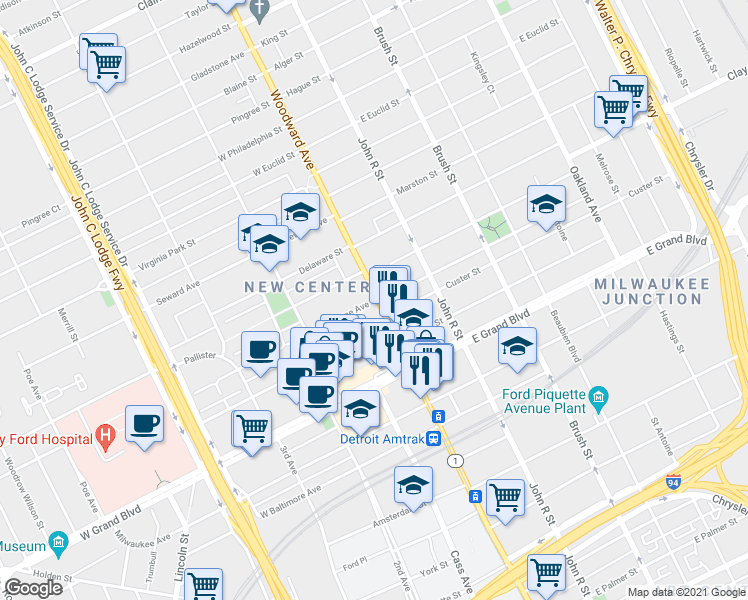map of restaurants, bars, coffee shops, grocery stores, and more near in Detroit
