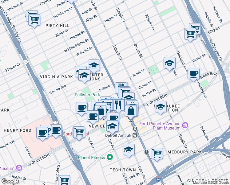 map of restaurants, bars, coffee shops, grocery stores, and more near in Detroit
