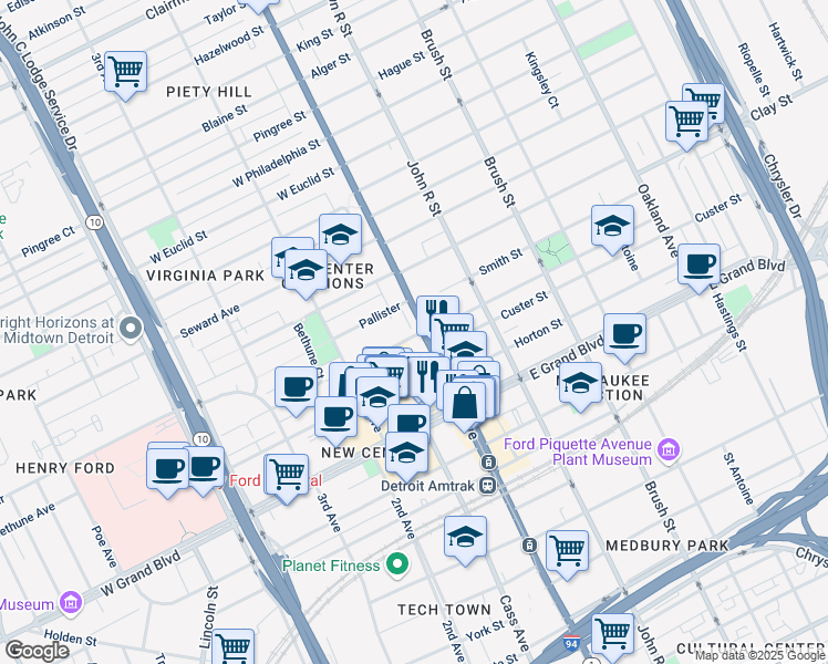 map of restaurants, bars, coffee shops, grocery stores, and more near in Detroit