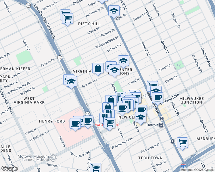 map of restaurants, bars, coffee shops, grocery stores, and more near 707 Delaware Street in Detroit