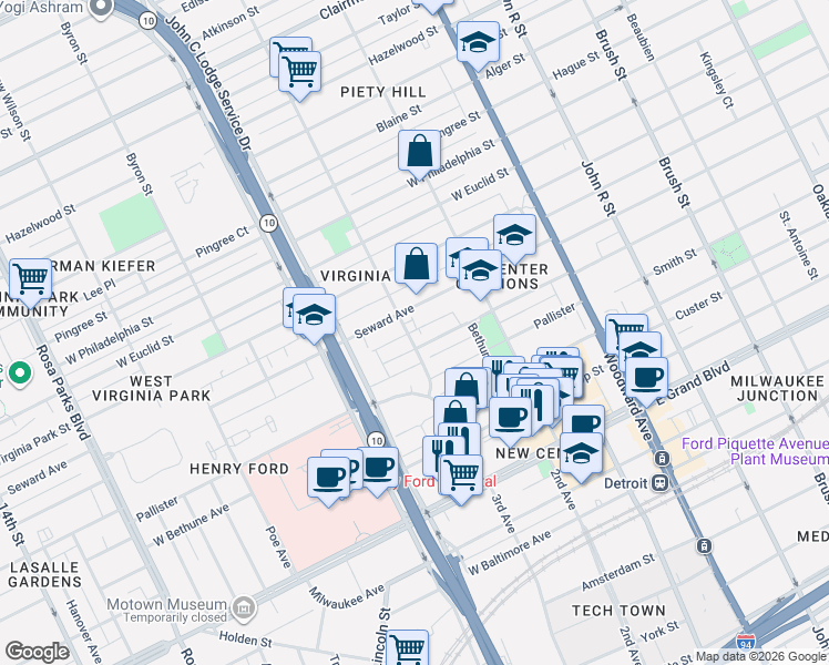 map of restaurants, bars, coffee shops, grocery stores, and more near 8006 3rd Avenue in Detroit