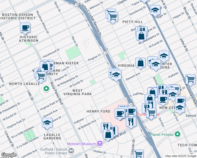 map of restaurants, bars, coffee shops, grocery stores, and more near 1209 Virginia Park Street in Detroit