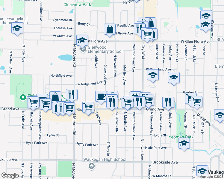 map of restaurants, bars, coffee shops, grocery stores, and more near 815 Berwick Boulevard in Waukegan