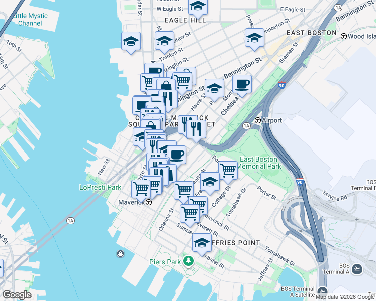 map of restaurants, bars, coffee shops, grocery stores, and more near 142 Bremen Street in Boston