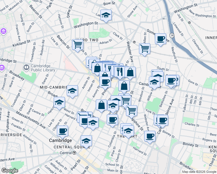map of restaurants, bars, coffee shops, grocery stores, and more near 171 Hampshire Street in Cambridge
