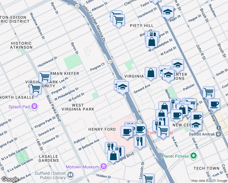 map of restaurants, bars, coffee shops, grocery stores, and more near 1143 Virginia Park Street in Detroit