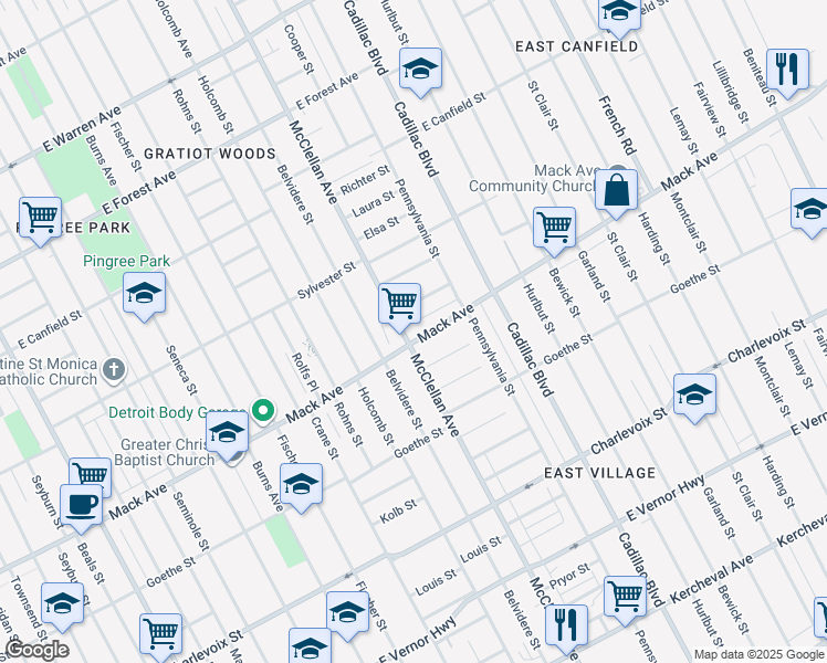 map of restaurants, bars, coffee shops, grocery stores, and more near 9309 Mack Avenue in Detroit