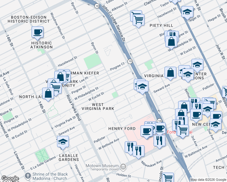 map of restaurants, bars, coffee shops, grocery stores, and more near 1406 Virginia Park Street in Detroit