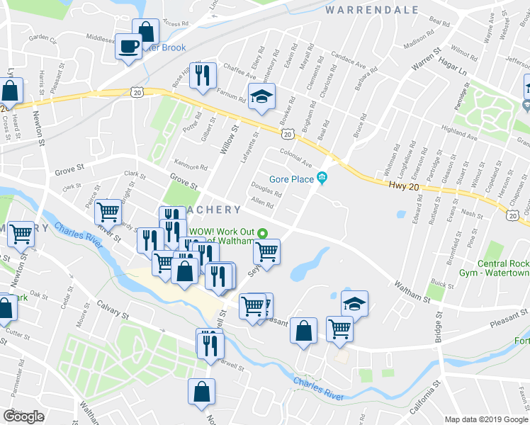 map of restaurants, bars, coffee shops, grocery stores, and more near 91 Grove Street in Waltham