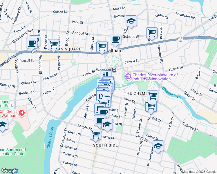 map of restaurants, bars, coffee shops, grocery stores, and more near in Waltham
