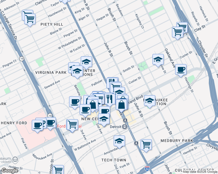 map of restaurants, bars, coffee shops, grocery stores, and more near W Bethune Ave & Woodward Ave in Detroit