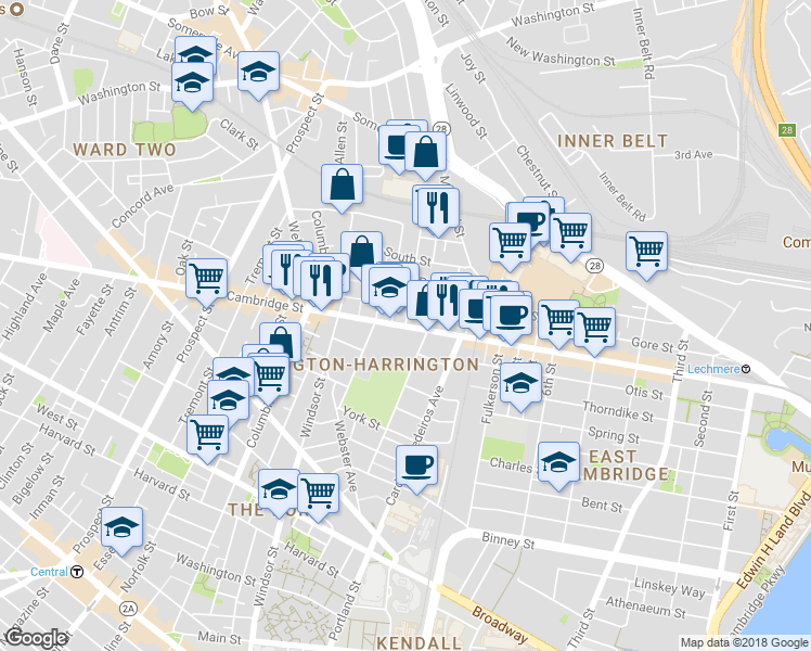 map of restaurants, bars, coffee shops, grocery stores, and more near 1 Harding Street in Cambridge