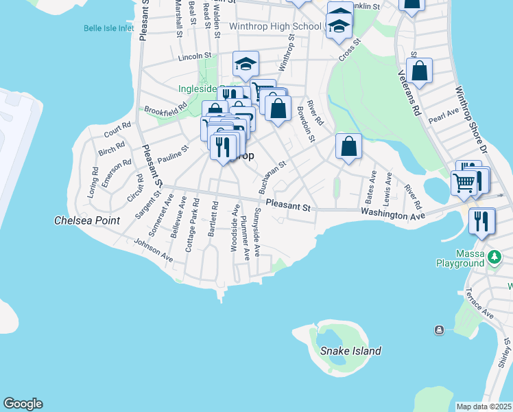 map of restaurants, bars, coffee shops, grocery stores, and more near 24 Sunnyside Avenue in Winthrop