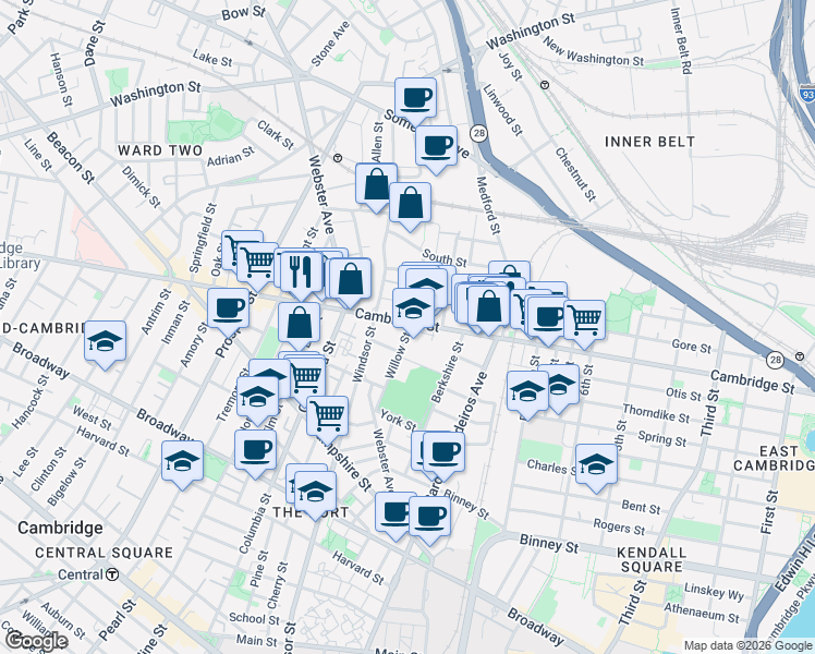 map of restaurants, bars, coffee shops, grocery stores, and more near 1 Palermo Street in Cambridge