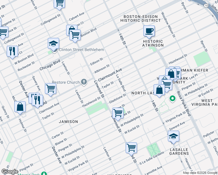 map of restaurants, bars, coffee shops, grocery stores, and more near 2484 Hazelwood Street in Detroit