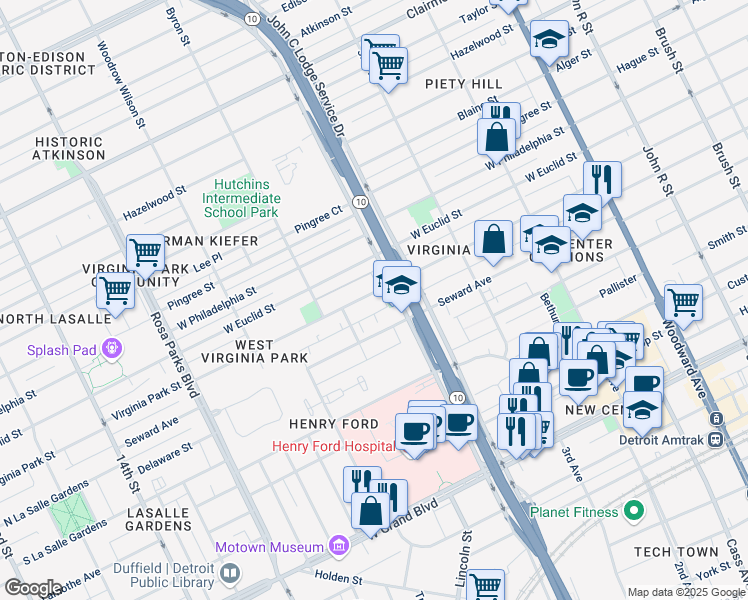 map of restaurants, bars, coffee shops, grocery stores, and more near 1141 Virginia Park Street in Detroit