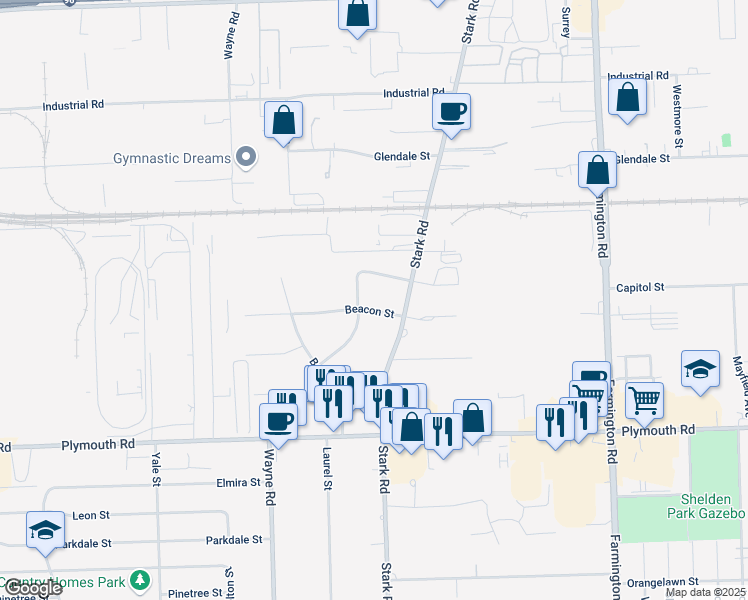 map of restaurants, bars, coffee shops, grocery stores, and more near 12001 Stark Road in Livonia