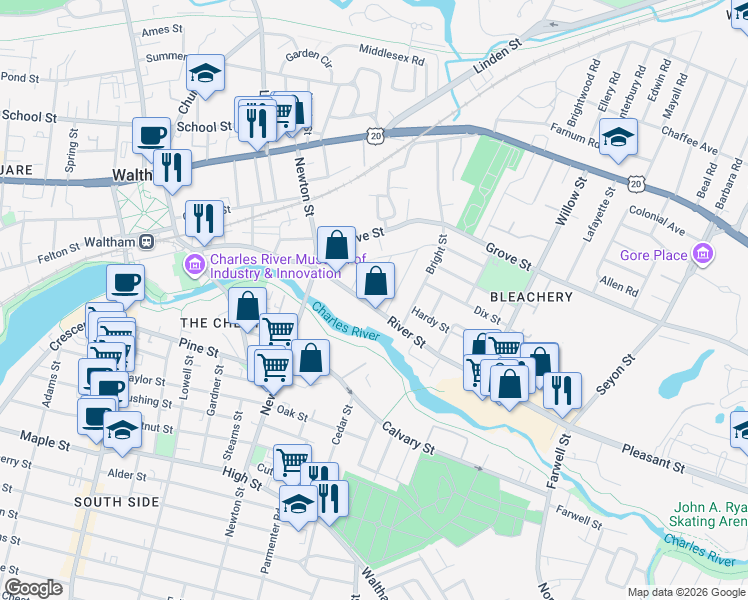 map of restaurants, bars, coffee shops, grocery stores, and more near 260 River Street in Waltham