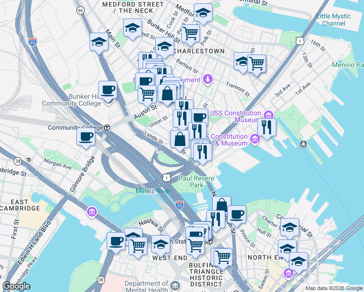 map of restaurants, bars, coffee shops, grocery stores, and more near 1 City Square in Boston