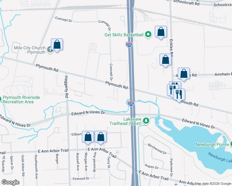 map of restaurants, bars, coffee shops, grocery stores, and more near 40315 Plymouth Road in Plymouth