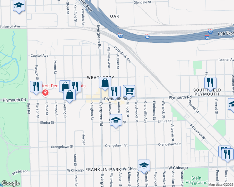 map of restaurants, bars, coffee shops, grocery stores, and more near 11627 Auburn Street in Detroit