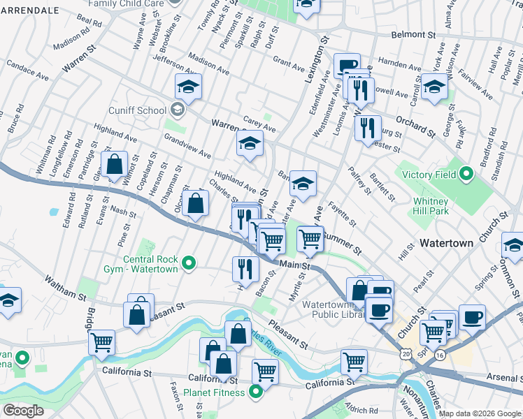 map of restaurants, bars, coffee shops, grocery stores, and more near 75 Lexington Street in Watertown