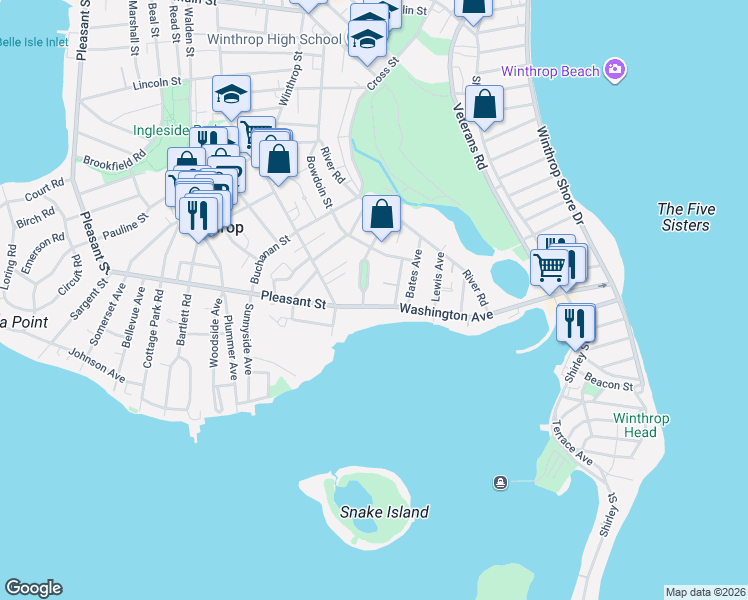 map of restaurants, bars, coffee shops, grocery stores, and more near 27 Washington Avenue in Winthrop