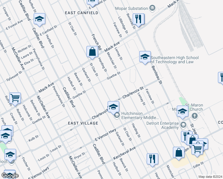 map of restaurants, bars, coffee shops, grocery stores, and more near 2959 Harding Street in Detroit