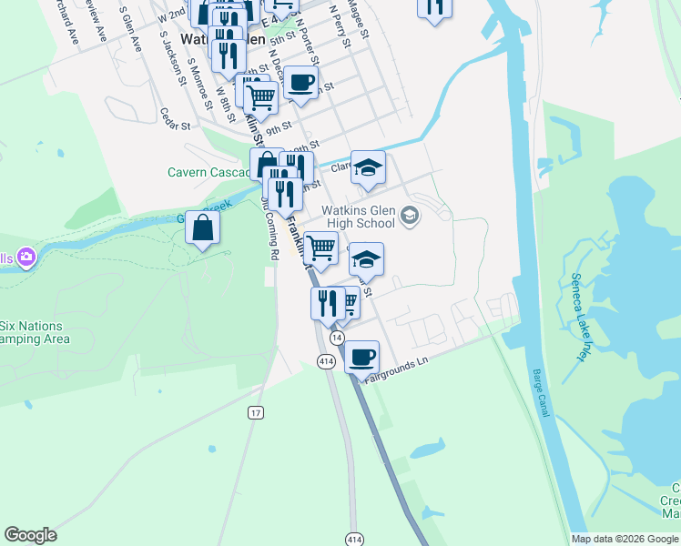 map of restaurants, bars, coffee shops, grocery stores, and more near 105-107 E 15th St in Watkins Glen