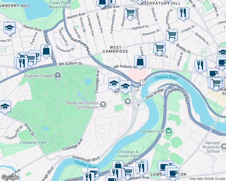 map of restaurants, bars, coffee shops, grocery stores, and more near 175 Coolidge Hill in Cambridge