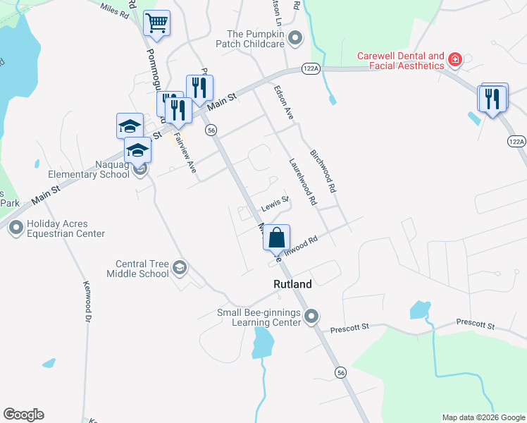 map of restaurants, bars, coffee shops, grocery stores, and more near 59 Maple Avenue in Rutland