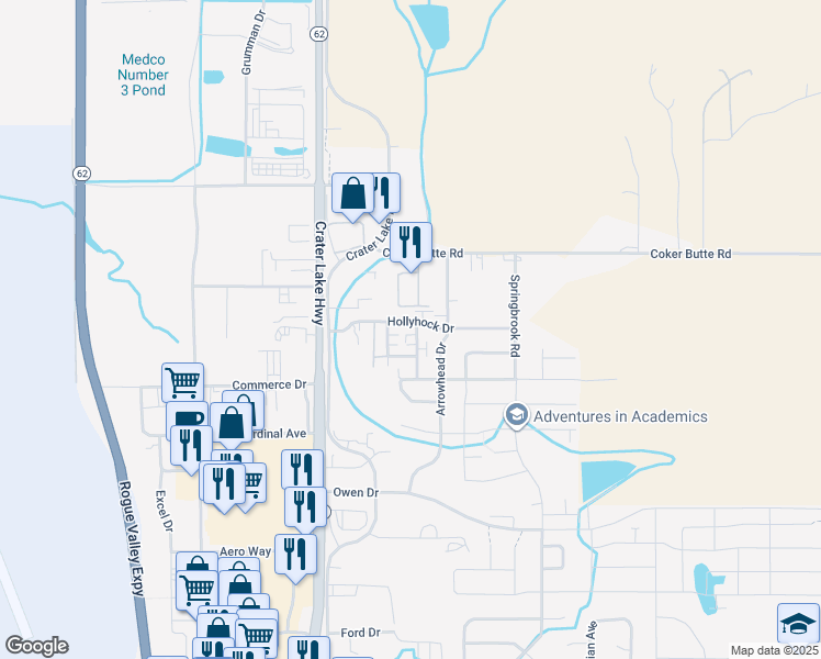 map of restaurants, bars, coffee shops, grocery stores, and more near 3860 Dover Ridge in Medford