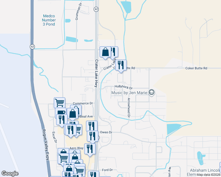 map of restaurants, bars, coffee shops, grocery stores, and more near 3842 Crater Lake Avenue in Medford