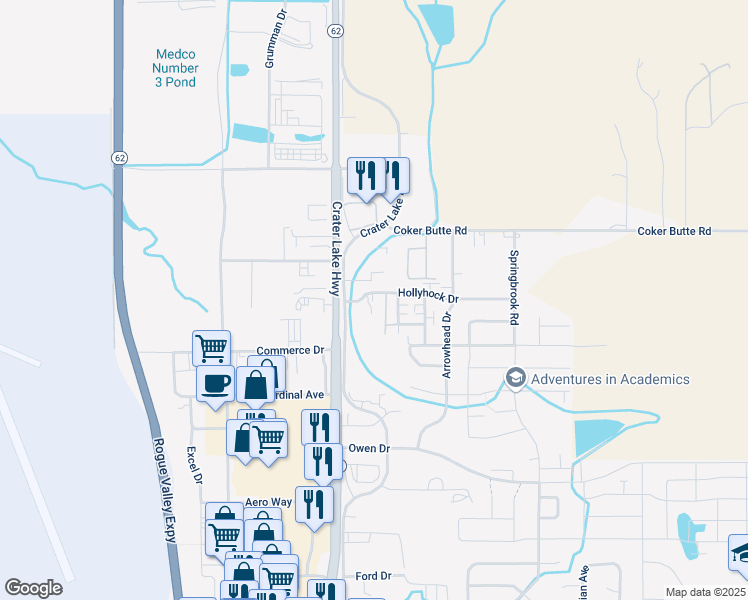 map of restaurants, bars, coffee shops, grocery stores, and more near 3842 Crater Lake Avenue in Medford