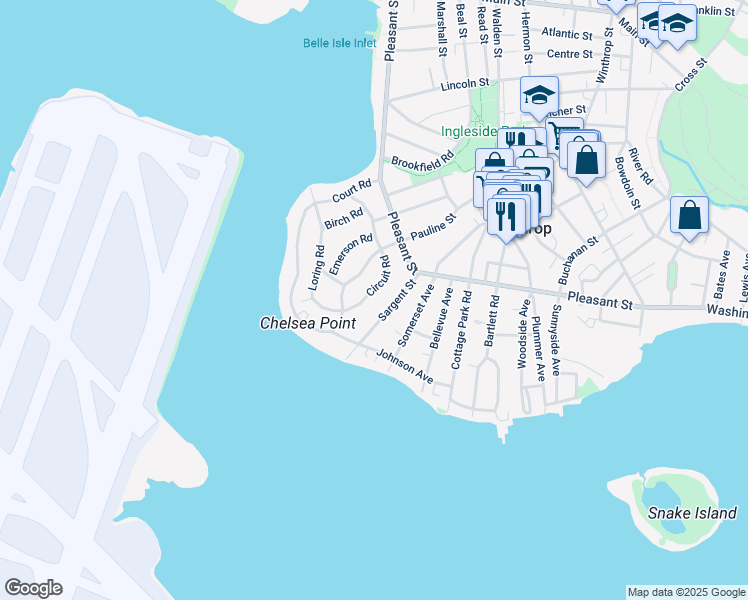 map of restaurants, bars, coffee shops, grocery stores, and more near 62 Sargent Street in Winthrop
