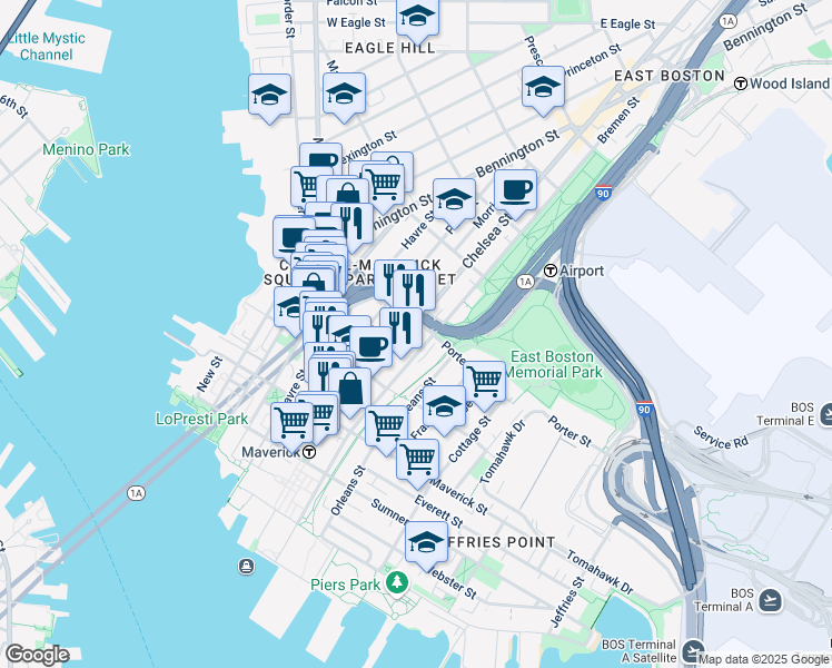 map of restaurants, bars, coffee shops, grocery stores, and more near 142 Bremen Street in Boston