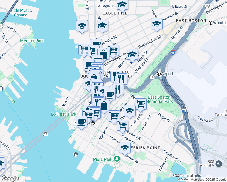 map of restaurants, bars, coffee shops, grocery stores, and more near 76 Chelsea Street in Boston