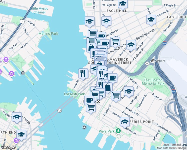 map of restaurants, bars, coffee shops, grocery stores, and more near 89 London Street in Boston