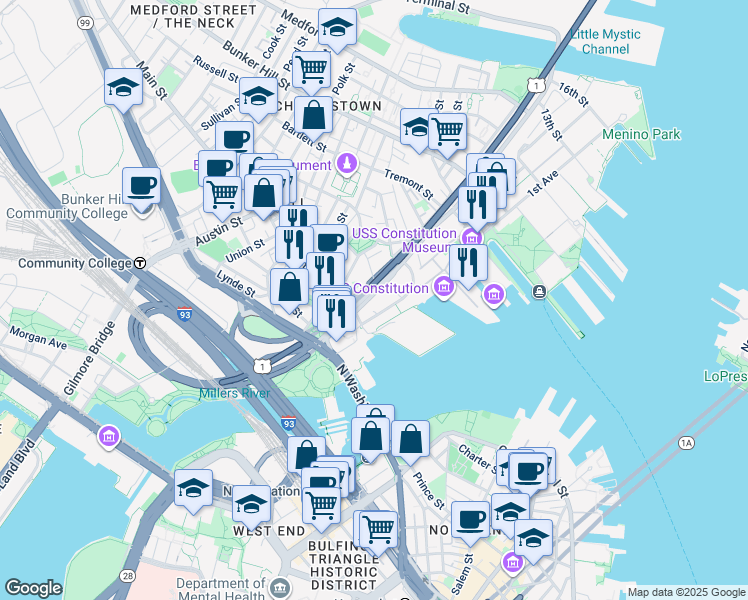 map of restaurants, bars, coffee shops, grocery stores, and more near 62 Constitution Road in Boston