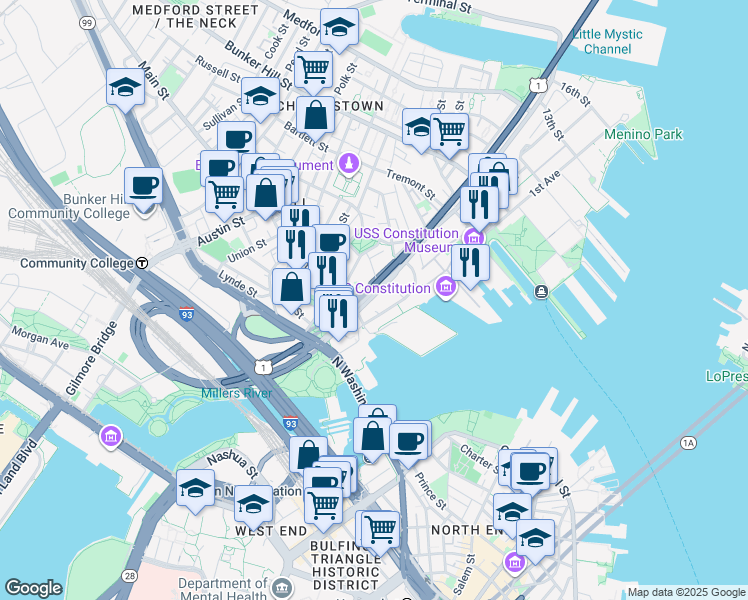map of restaurants, bars, coffee shops, grocery stores, and more near 62 Constitution Road in Boston