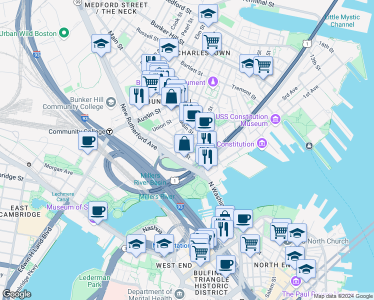 map of restaurants, bars, coffee shops, grocery stores, and more near 1 City Square in Boston