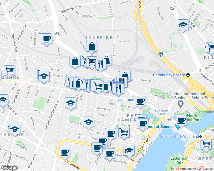 map of restaurants, bars, coffee shops, grocery stores, and more near 91 Gore Street in Cambridge