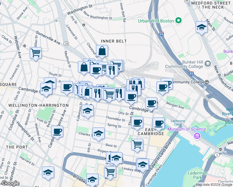 map of restaurants, bars, coffee shops, grocery stores, and more near 91 Gore Street in Cambridge