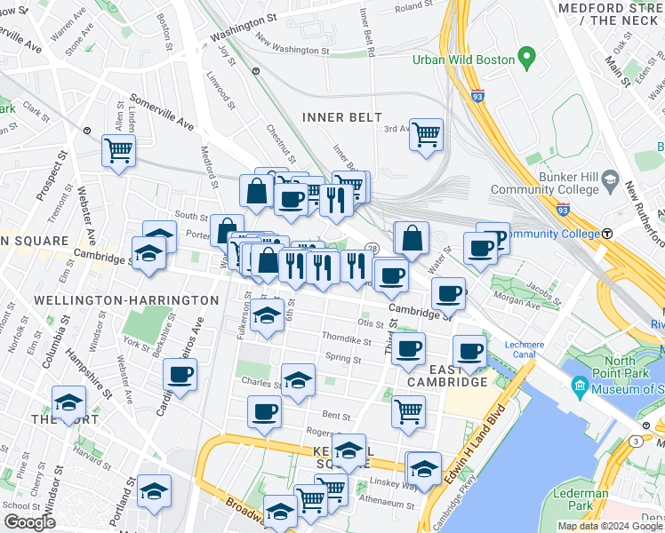 map of restaurants, bars, coffee shops, grocery stores, and more near in Cambridge
