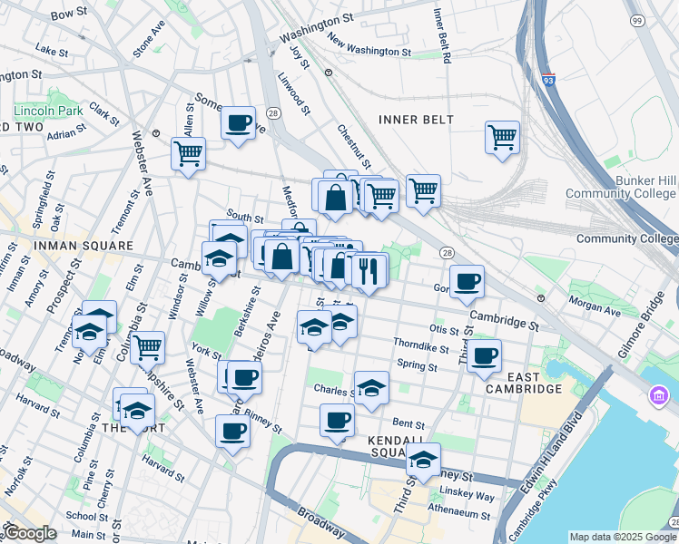 map of restaurants, bars, coffee shops, grocery stores, and more near 621 Cambridge Street in Cambridge
