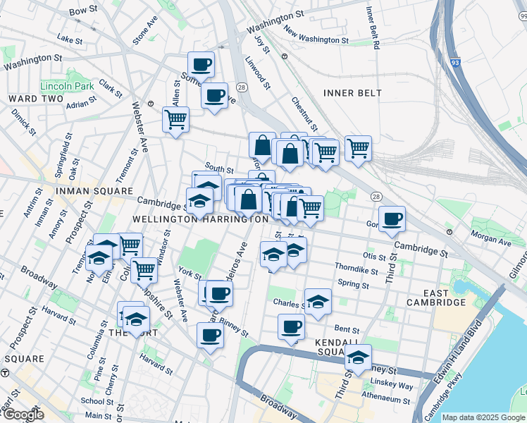 map of restaurants, bars, coffee shops, grocery stores, and more near 723 Cambridge Street in Cambridge