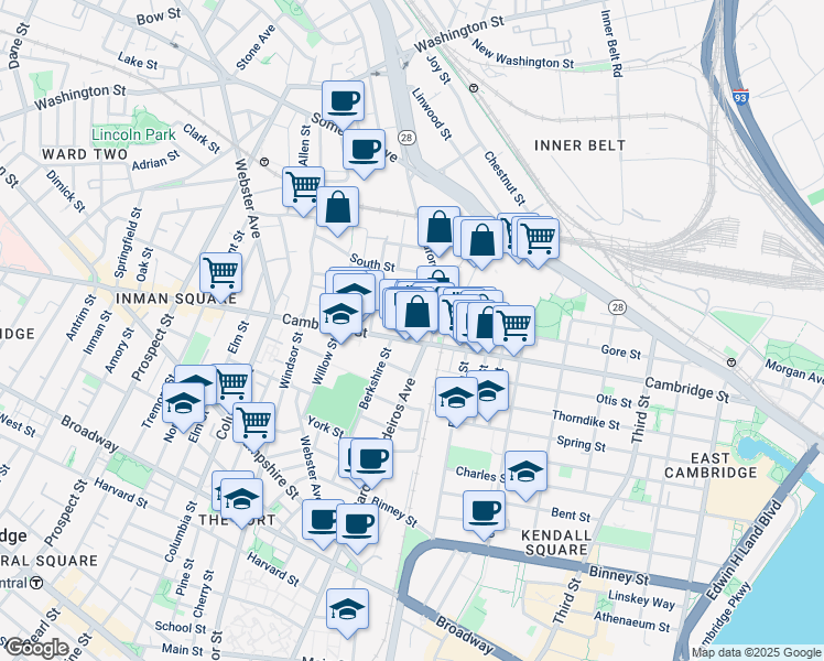 map of restaurants, bars, coffee shops, grocery stores, and more near 746 Cambridge Street in Cambridge