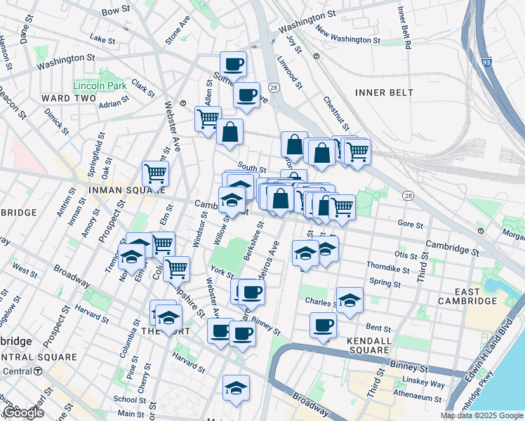 map of restaurants, bars, coffee shops, grocery stores, and more near 746 Cambridge Street in Cambridge