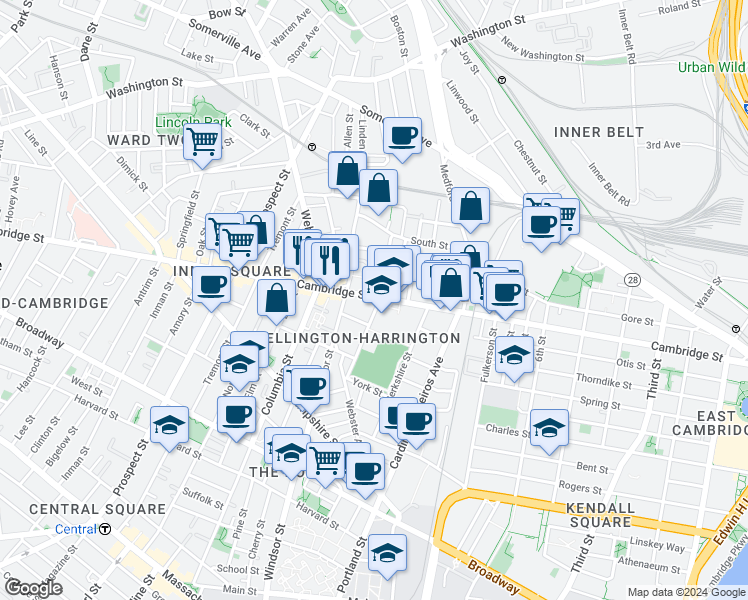 map of restaurants, bars, coffee shops, grocery stores, and more near 3 Palermo Street in Cambridge