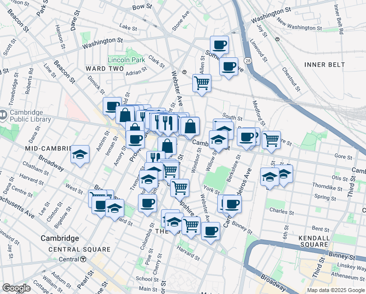 map of restaurants, bars, coffee shops, grocery stores, and more near 361 Columbia Street in Cambridge